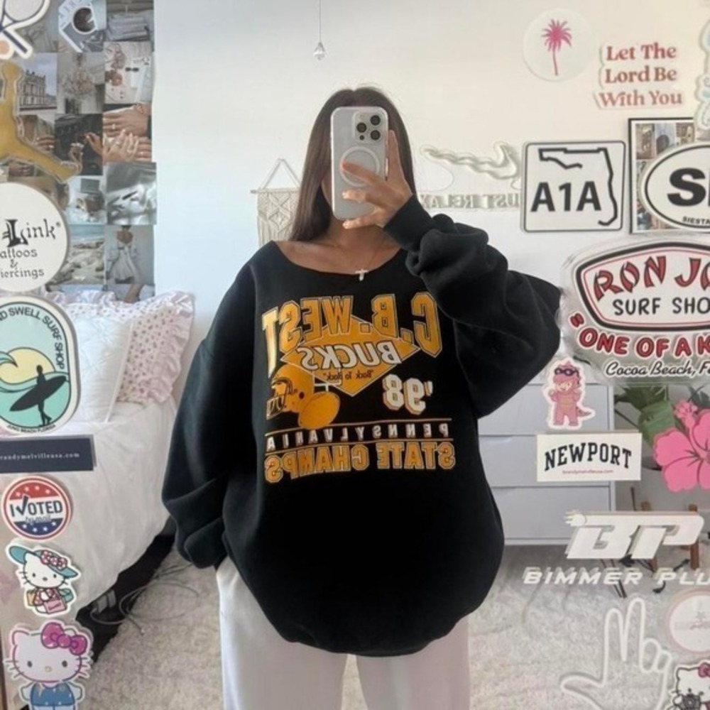 black and yellow vintage 90s G.B. West football off the shoulder sweatshirt